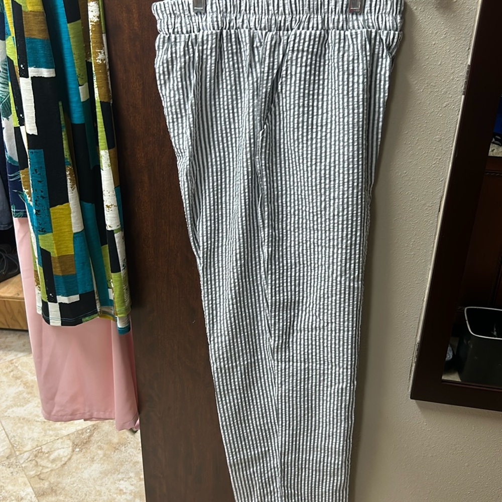 Gray and white striped seersucker pull on ladies pants size medium
